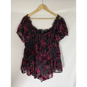 Torrid Top Womens 1X Velvet Sheer Peasant Top Short Puff Sleeves Whimsygoth